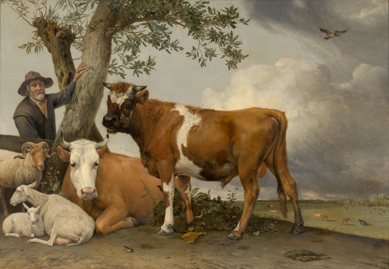 Painting by Paulus Potter, cattle, farmer and meadow 