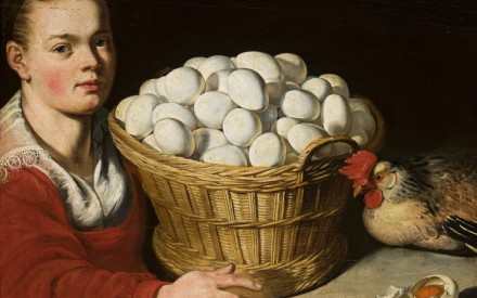 Schilderij van een vrouw naast een man gevuld met witte eieren.